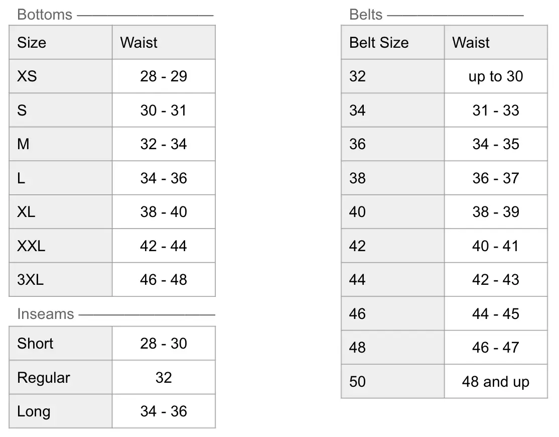 Size And Weight Chart